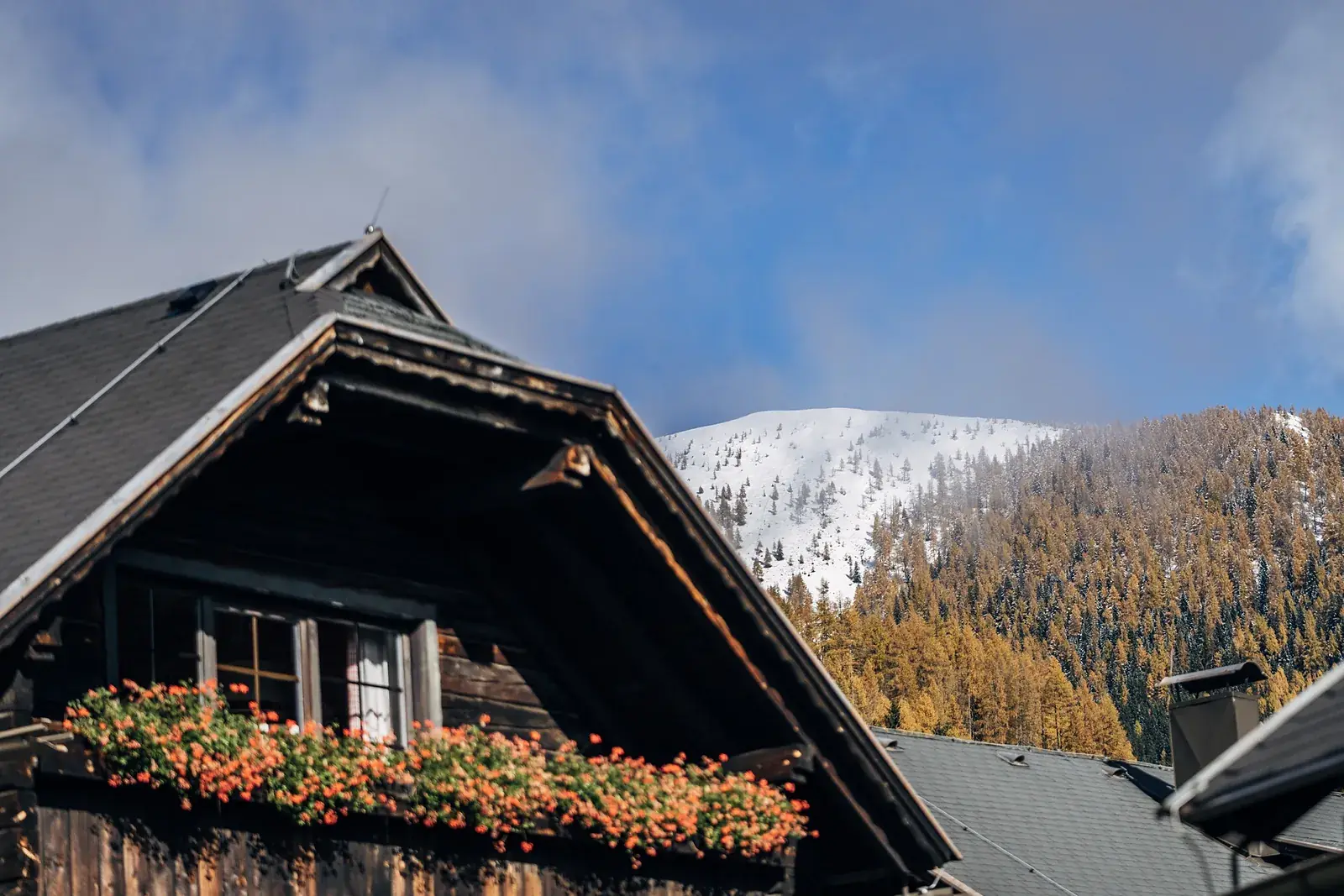 Balcone in legno con fiori rossi davanti a una cima innevata